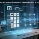 Futuristic visual for an article teaching entrepreneurs how to choose profitable drop shipping niches and targeted products that attract the right customers and boost online income.