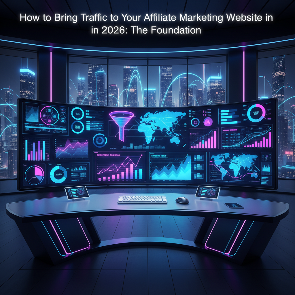 Ultra-wide futuristic analytics control center showing website traffic charts and funnels, symbolizing the foundation of bringing traffic to an affiliate marketing website in 2026.