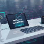 Affiliate marketing business setup with digital analytics for tracking online income and commission earnings