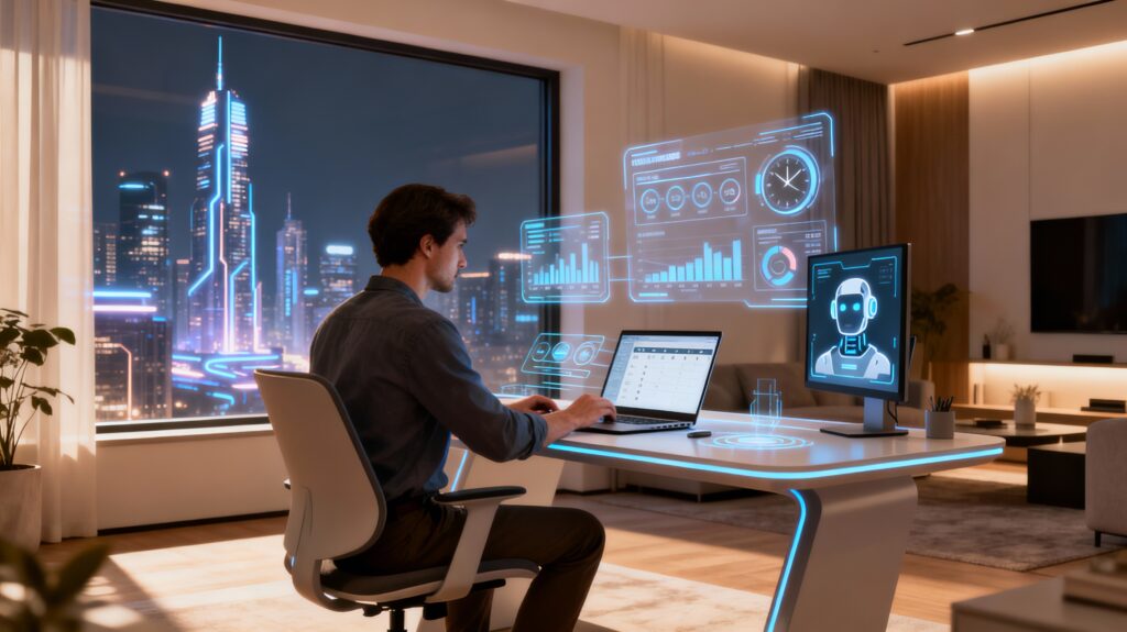 Entrepreneurs working in a modern home office that highlights time management, focused effort, and disciplined routines to build a successful home business.