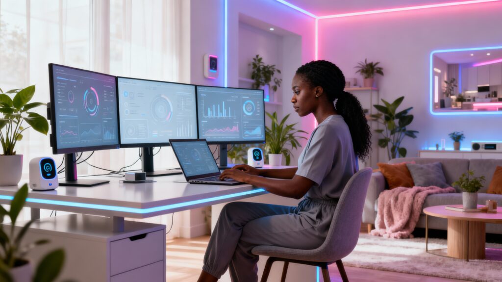 entrepreneur running a successful home business from a modern home office using automation email marketing and online business systems