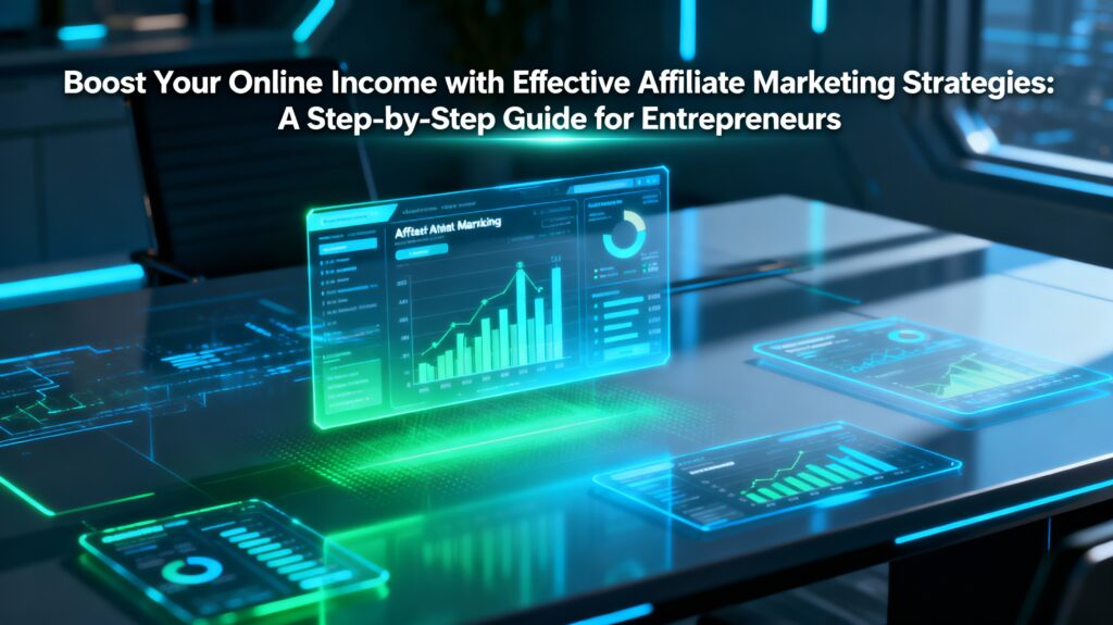 Futuristic digital dashboard with affiliate marketing analytics and income growth charts, illustrating practical steps for entrepreneurs to increase online revenue
