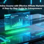 Futuristic digital dashboard with affiliate marketing analytics and income growth charts, illustrating practical steps for entrepreneurs to increase online revenue
