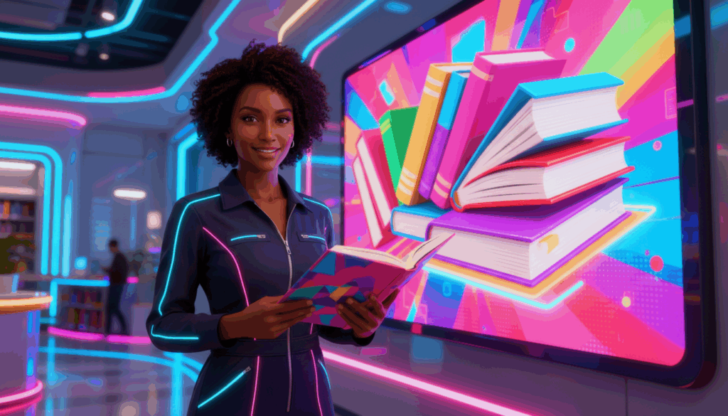 Professional holding a book in a futuristic workspace with vivid book graphics on a digital display