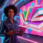 Professional holding a book in a futuristic workspace with vivid book graphics on a digital display