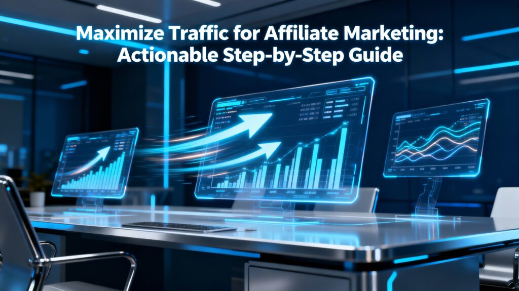 Futuristic digital dashboard illustrating actionable affiliate marketing strategies and practical steps to increase website traffic for entrepreneurs