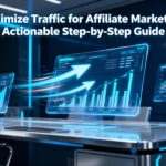 Futuristic digital dashboard illustrating actionable affiliate marketing strategies and practical steps to increase website traffic for entrepreneurs