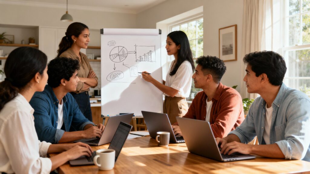Entrepreneurs collaborating on business ideas in a contemporary home office environment