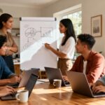 Entrepreneurs collaborating on business ideas in a contemporary home office environment