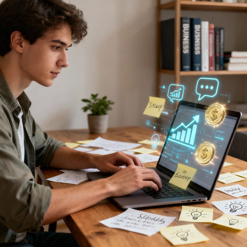 Young entrepreneur launching online business from home office with zero startup budget, using laptop and digital tools.