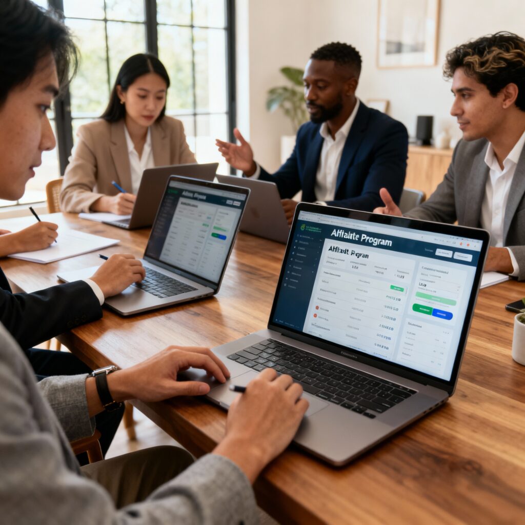 Entrepreneurs using laptops to research high-ticket affiliate programs and application processes in a modern home office