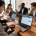 Entrepreneurs using laptops to research high-ticket affiliate programs and application processes in a modern home office