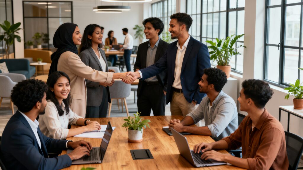 Entrepreneurs collaborating in a real office environment to develop strategies for rapidly building authority and online reputation