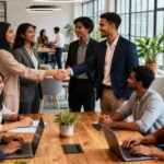 Entrepreneurs collaborating in a real office environment to develop strategies for rapidly building authority and online reputation