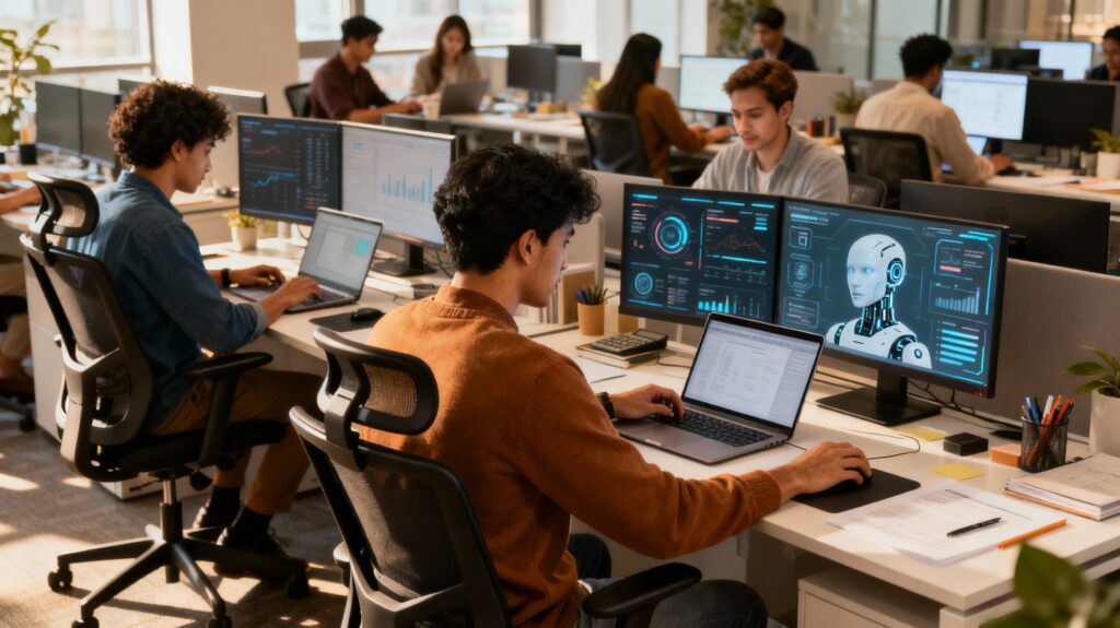 Entrepreneurs working in a modern office using laptops and AI technology to streamline and grow their online business