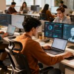 Entrepreneurs working in a modern office using laptops and AI technology to streamline and grow their online business