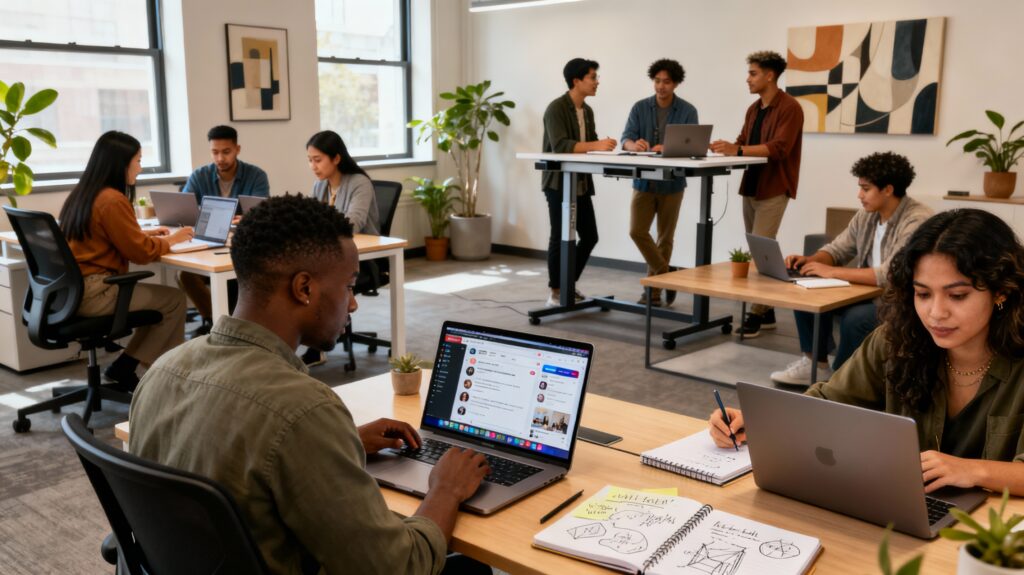 Professional bloggers and content creators working together in a real office environment to write high-ranking blog posts for Google