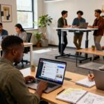 Professional bloggers and content creators working together in a real office environment to write high-ranking blog posts for Google