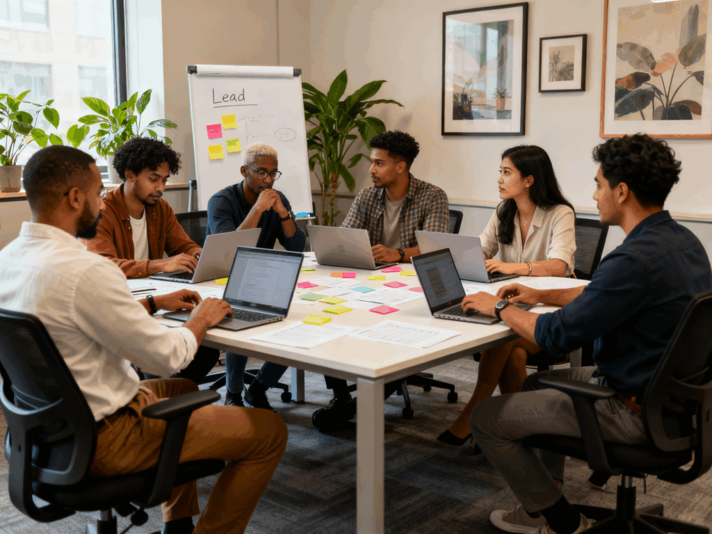 Entrepreneurs and marketers collaborating in a modern office to design effective lead magnets and boost email list growth