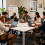 Entrepreneurs and marketers collaborating in a modern office to design effective lead magnets and boost email list growth