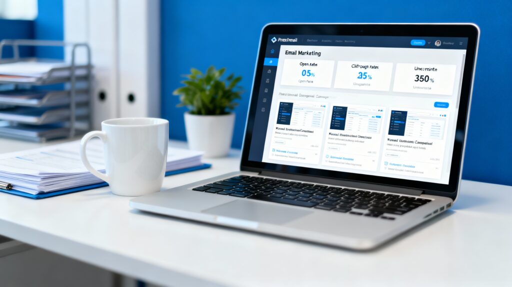 ActiveCampaign email marketing dashboard on laptop at modern office desk, clean workspace, blue and white business tech theme for entrepreneurs growing their business