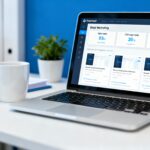 ActiveCampaign email marketing dashboard on laptop at modern office desk, clean workspace, blue and white business tech theme for entrepreneurs growing their business