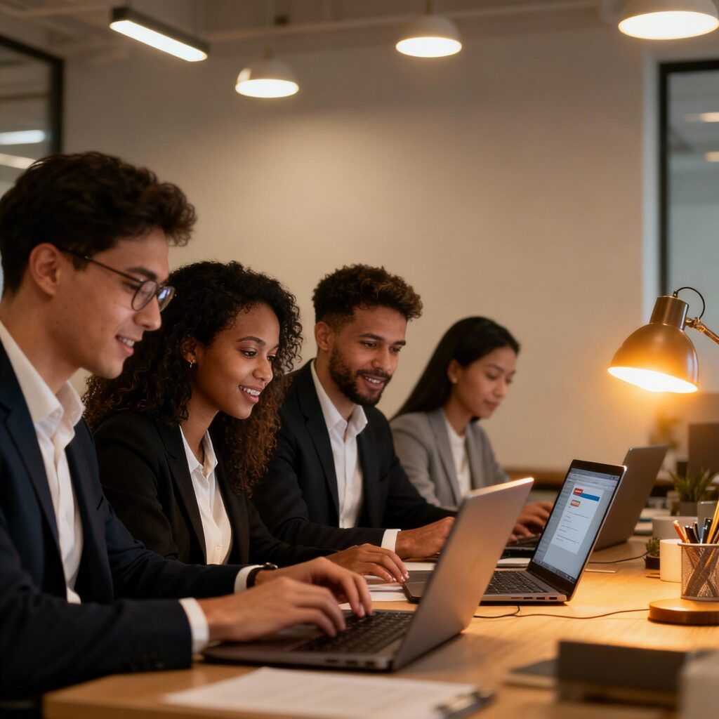 A diverse group of professionals collaborating on email marketing strategies, using laptops in a real office environment, representing multicultural and minority communities.