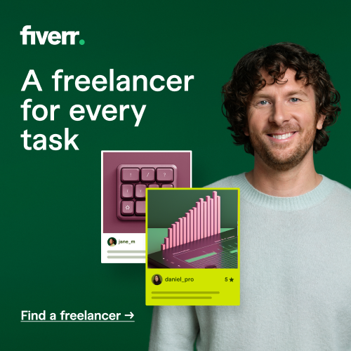 An image that shows a freelancer on Fiverr, with the words "A freelancer for every task."