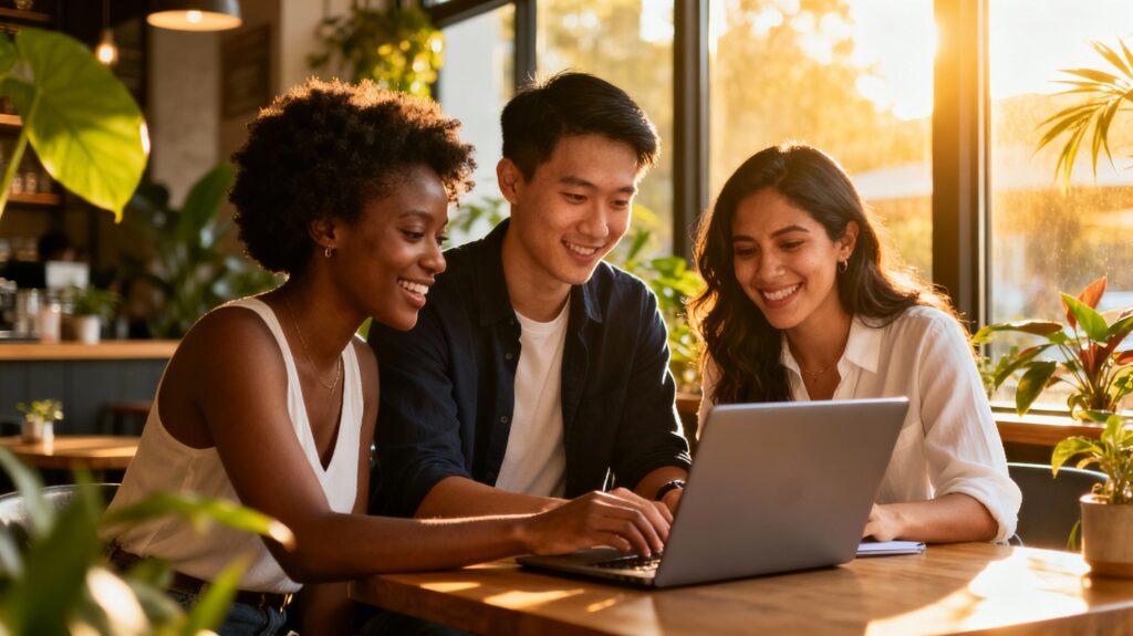 Entrepreneurs analyzing digital market data to identify a profitable niche for passive income and validate business opportunities.