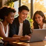 Entrepreneurs analyzing digital market data to identify a profitable niche for passive income and validate business opportunities.