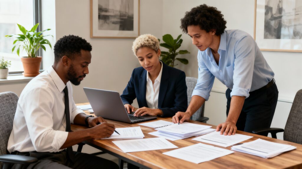 entrepreneurs and business professionals collaborating on outsourced project management and freelancer coordination in office environment
