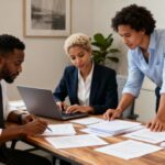 entrepreneurs and business professionals collaborating on outsourced project management and freelancer coordination in office environment