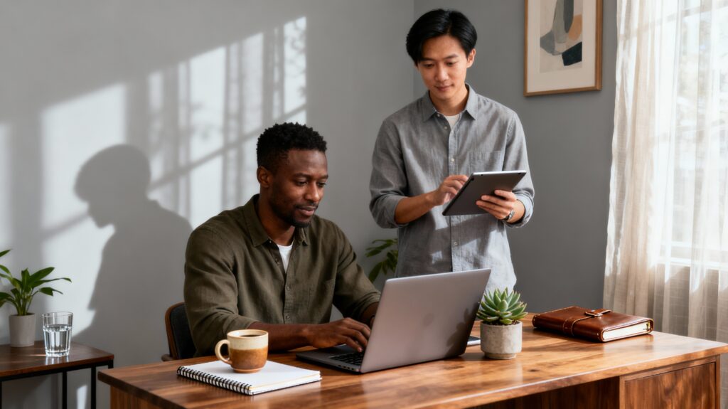 Two entrepreneurs working on laptops and tablets in a home office while building an online business income stream using SEO and email marketing strategies