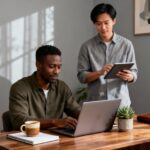 Two entrepreneurs working on laptops and tablets in a home office while building an online business income stream using SEO and email marketing strategies