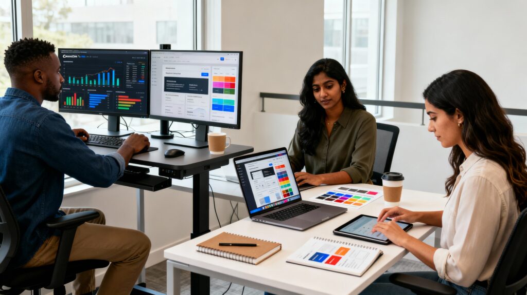 entrepreneurs building and optimizing high-converting landing page using conversion analytics dashboard design tools and A/B testing on multiple devices