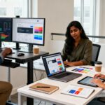 entrepreneurs building and optimizing high-converting landing page using conversion analytics dashboard design tools and A/B testing on multiple devices